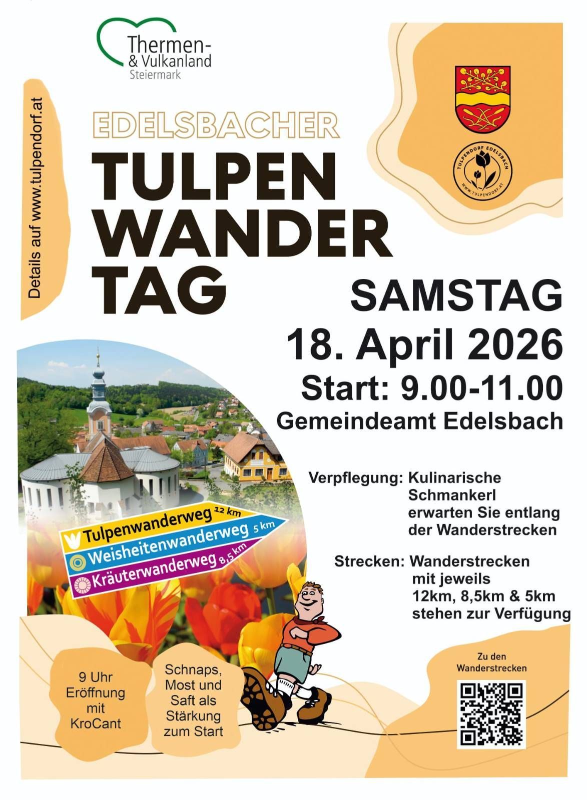 Poster for the Edelsbacher Tulip Wander Tag on April 18, 2026. Starts at 9:00-11:00 AM. Three hiking trails of 12km, 8.5km, and 5km. Culinary treats along the way. QR code for more details.