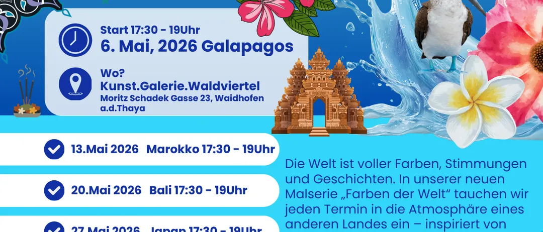 Die Welt ist voller Farben, Stimmungen und Geschichten. In unserer neuen Malserie „Farben der Welt“ tauchen wir jeden Termin in die Atmosphäre eines anderen Landes ein – inspiriert von Kultur, Farben und Lebensgefühl. Es erwartet dich ein Abend des freien Malens – ganz ohne Leistungsdruck und ohne Vorkenntnisse. Im Mittelpunkt steht die Freude am kreativen Ausdruck.