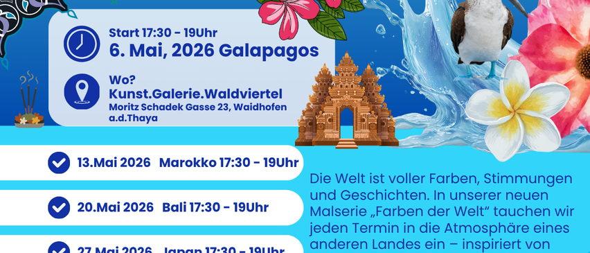 Die Welt ist voller Farben, Stimmungen und Geschichten. In unserer neuen Malserie „Farben der Welt“ tauchen wir jeden Termin in die Atmosphäre eines anderen Landes ein – inspiriert von Kultur, Farben und Lebensgefühl. Es erwartet dich ein Abend des freien Malens – ganz ohne Leistungsdruck und ohne Vorkenntnisse. Im Mittelpunkt steht die Freude am kreativen Ausdruck.