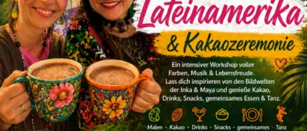 Poster with two smiling women holding coffee cups. Text reads 'Journey through Latin America & Cacao Ceremony.' Event offers workshops on colors, music, and joy. Dates: May 15-17, 2026. Cost: Euro 349+.