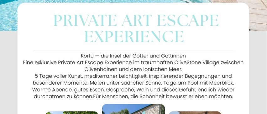 Bild eines Poolbereichs mit Liegestühlen und einem Haus, die eine private Kunstflucht auf der Insel Korfu bewerben.