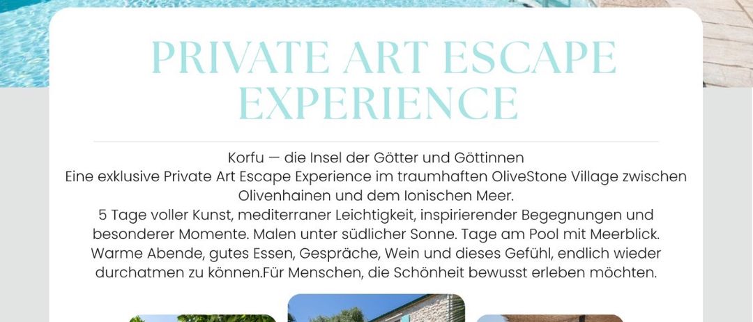 Bild eines Poolbereichs mit Liegestühlen und einem Haus, die eine private Kunstflucht auf der Insel Korfu bewerben.
