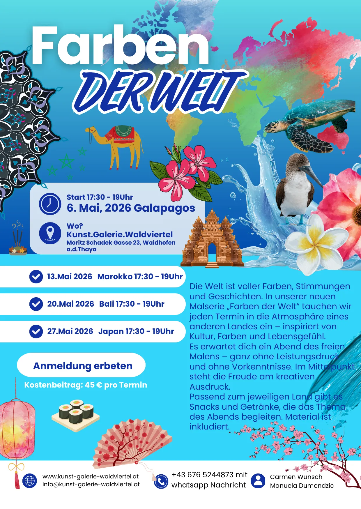 Poster mit einem farbenfrohen Weltkartenhintergrund. Termine und Orte für eine Veranstaltungsreihe sind aufgeführt. Anmeldung wird angefordert. Eine Gebühr von 45€ pro Termin gilt. Snacks und Getränke werden bereitgestellt.