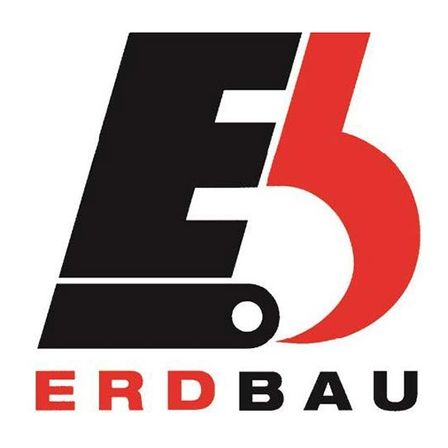 Logo für Erdbau mit einem stilisierten E5-Design, das kräftige schwarze und rote Farben auf weißem Hintergrund zeigt.