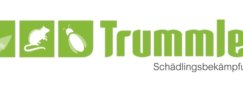 Das Bild zeigt das Logo eines Schädlingsbekämpfungsunternehmens namens Trummli, mit Symbolen einer Ratte und eines Käfers, darunter der Text 'Schadlingbekampfung'.