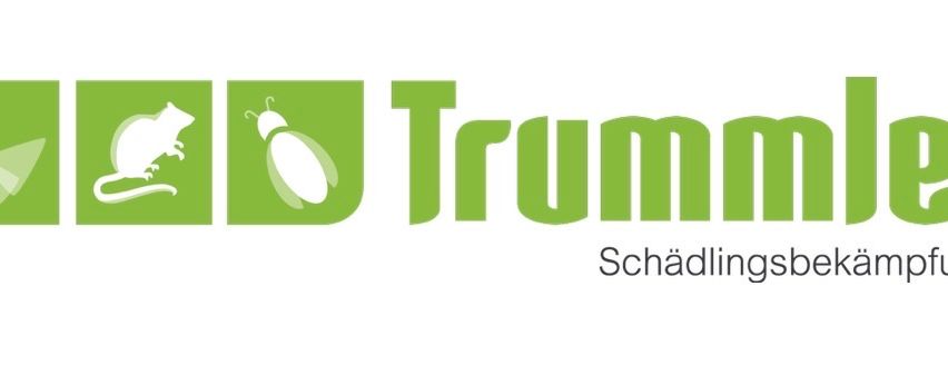The image features the logo of a pest control company named Trummli, featuring icons of a rat and a bug, with the text 'Schadlingbekampfung' underneath.