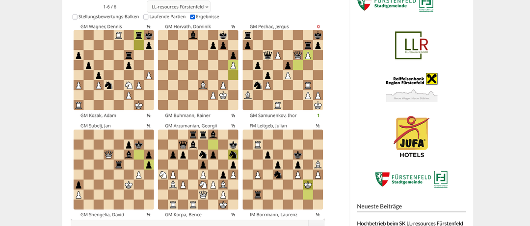 Die Webseite zeigt ein Live-Spiel der Austrian Bundesliga 2025/26 mit dem Spieler GM Wagner, Dennis gegen GM Horvath, Dominik. Das Spiel wird auf einem Schachbrett mit einem schwarz-weißen Schachbrettmuster gespielt. Die Webseite enthält auch Werbung für JUFA Hotels.