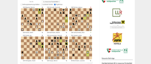 Die Webseite zeigt ein Live-Spiel der Austrian Bundesliga 2025/26 mit dem Spieler GM Wagner, Dennis gegen GM Horvath, Dominik. Das Spiel wird auf einem Schachbrett mit einem schwarz-weißen Schachbrettmuster gespielt. Die Webseite enthält auch Werbung für JUFA Hotels.