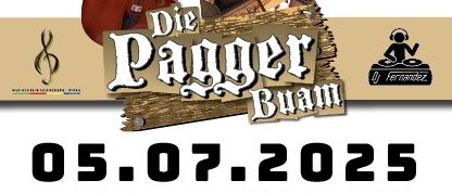 Ein Plakat für die Veranstaltung von Die Pagger Buam. Drei Männer spielen Instrumente, einer auf der Geige, einer auf dem Akkordeon und einer auf der Gitarre. Die Veranstaltung ist für das 50-jährige Jubiläum von ESV Etsblume Winddorf, das am 5. Juli 2025 um 17 Uhr beginnt. Der Veranstaltungsort ist die Stocksporthalle, mit einem Ticketpreis von 5 Euro und 10 Euro für Abendtickets.