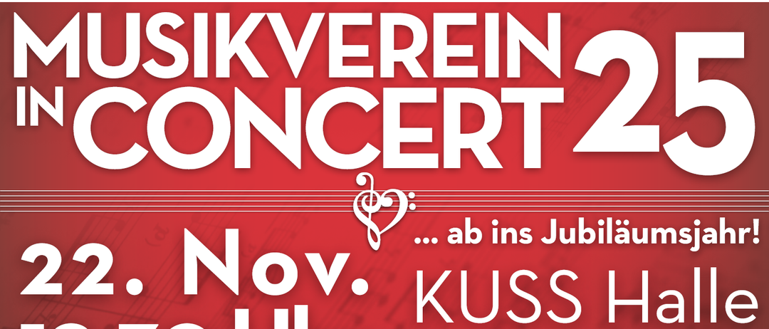 Ein roter Banner zeigt oben 'Musikverein Seiersberg-Pirka'. Darunter steht 'Konzert' mit einem Musiknotensymbol. Links steht 'Nov.', rechts 'KUSS 0 Uhr'. Der Eintritt ist frei.