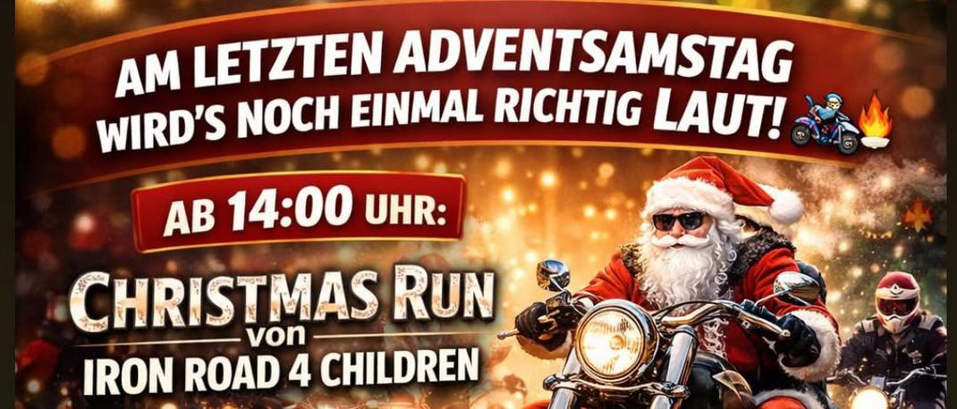 Plakat für eine Weihnachtslauf-Veranstaltung mit dem Weihnachtsmann auf einem Motorrad. Beginn um 14 Uhr. Essen und Getränke nach dem Lauf verfügbar.