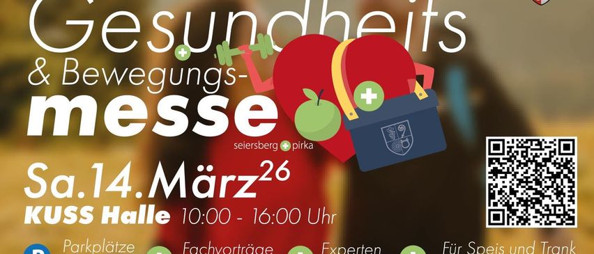 Plakat für Gesundheitsmesse am 26. März von 10:00 bis 16:00 Uhr, mit Apfel, Hantel und Aktentasche mit Logo. Enthält Symbole für Vorträge, Experten und lokale Informationen.
