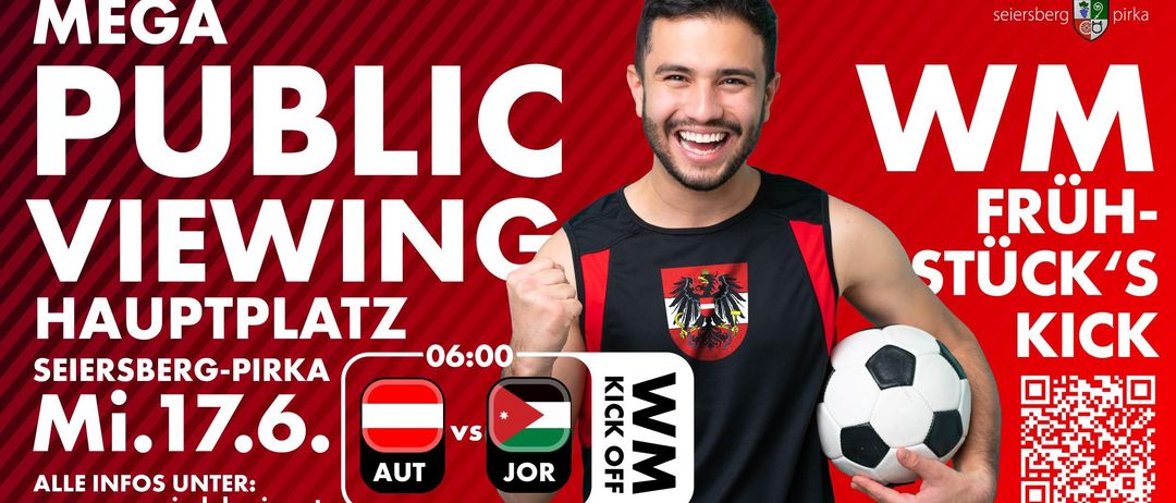 Ein lächelnder Mann hält einen Fußball und trägt ein Trikot mit einem Logo. Eine Werbung zeigt Österreich gegen Jordanien, mit rotem Hintergrund und weißem Text.