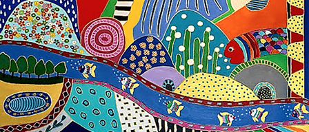 Ein abstraktes Gemälde mit lebendigen Farben, Spiralen und Fischen, die durch eine farbenfrohe Unterwasserlandschaft schwimmen. Geometrische Formen und Muster schaffen eine verspielte und farbenfrohe Landschaft.