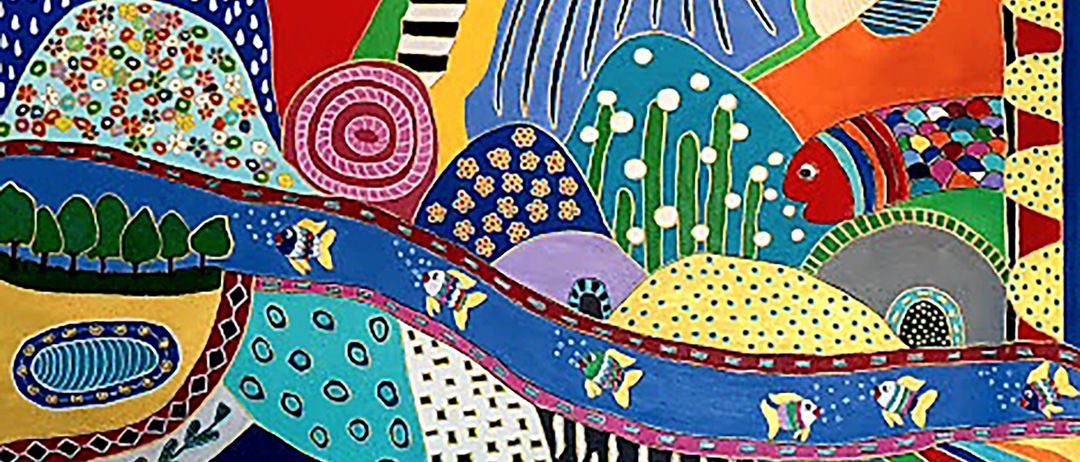 Ein abstraktes Gemälde mit lebendigen Farben, Spiralen und Fischen, die durch eine farbenfrohe Unterwasserlandschaft schwimmen. Geometrische Formen und Muster schaffen eine verspielte und farbenfrohe Landschaft.