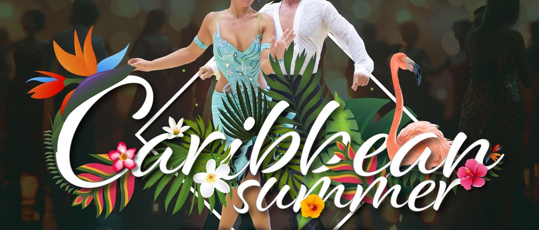 Ein Paar tanzt in einer tropischen Umgebung mit der Aufschrift Caribbean Summer Nights in fetten Buchstaben.