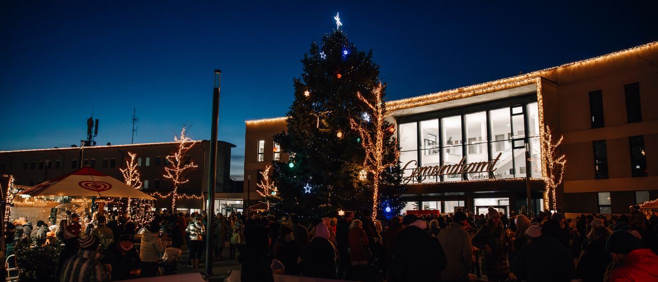 Eine Menschenmenge versammelt sich nachts um einen geschmückten Weihnachtsbaum. Der Baum ist mit Lichtern und Ornamenten verziert. Im Hintergrund ist ein Gebäude mit Glasfenstern und zusätzlichen Weihnachtslichtern zu sehen.