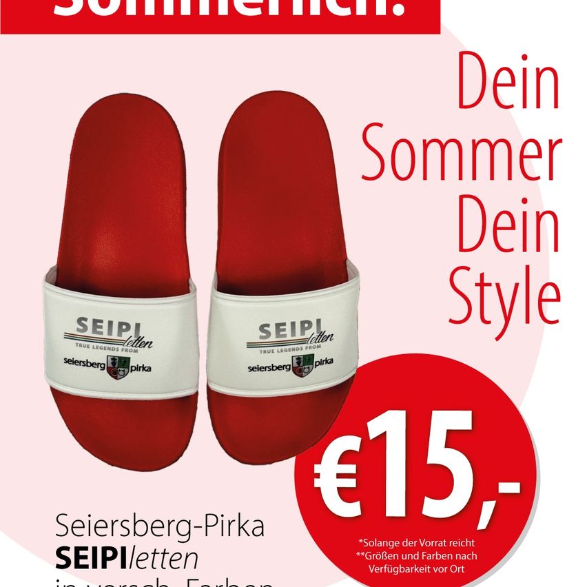 Werbeanzeige für rote Schlappen mit der Marke Seipi, Preis 15 Euro. Die Schlappen werden vor einem rosa Hintergrund mit deutschem Text präsentiert.