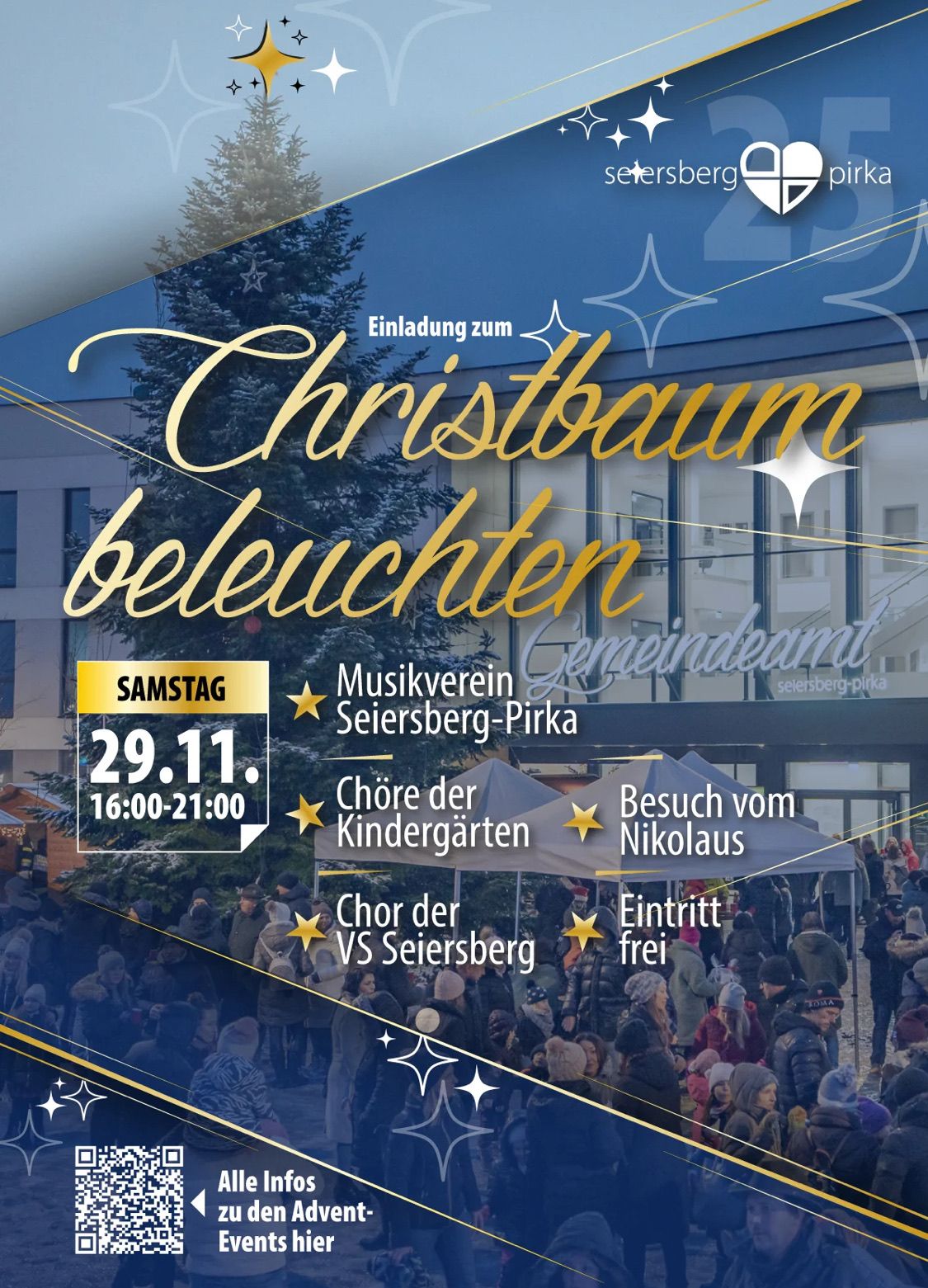 Plakat zur Weihnachtsbaumbeleuchtung am 29. November. Es zeigt die Veranstaltungszeit, Chöre, freien Eintritt und den Besuch von Nikolaus.