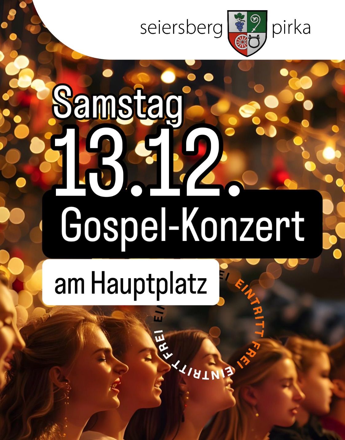 Plakat für ein Gospel-Konzert am 13. Dezember mit einer Gruppe von Frauen, die vor festlichem Hintergrund singen.