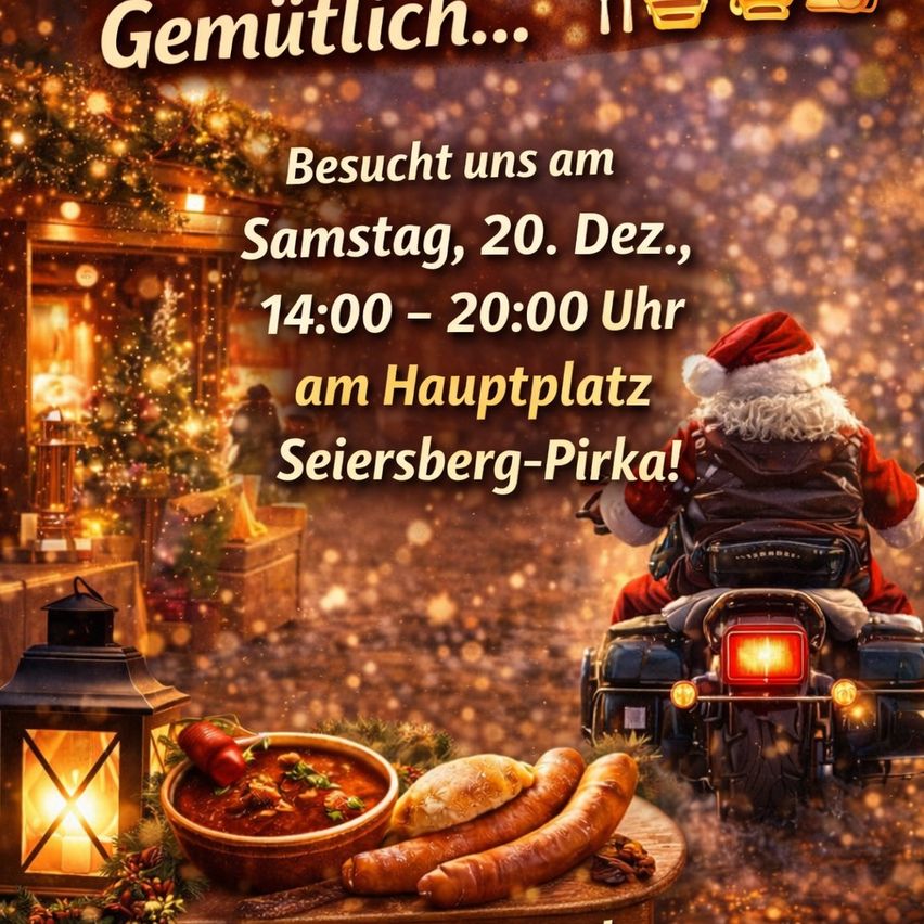 Weihnachtsmarkteinladung mit Santa auf einem Motorrad, Essen auf einem Tisch und Lichtern. Besuch am 20. Dez, 14:00-20:00 in Seiersberg-Pirka.