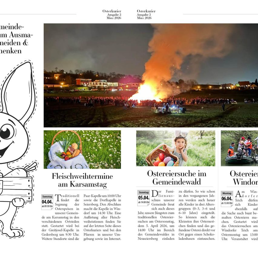 Eine Magazinseite zeigt ein Bild eines Lagerfeuers bei Nacht mit versammelten Menschen. Andere Abschnitte enthalten Details über Fleischverkäufe und Ostereiersuchen.