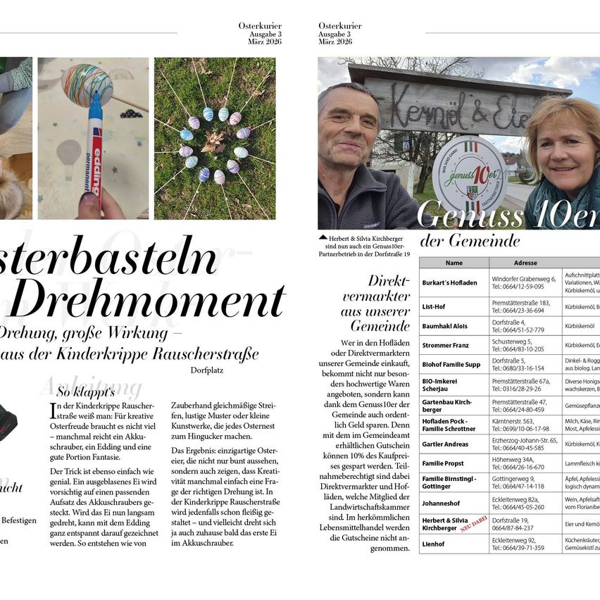 Ein Ostereiersuchen und Osterdekoration. Ein Bild von zwei lächelnden Personen mit einem Schild, das Genuss 10er der Gemeinde sagt. Die Osterkurier Zeitung, Ausgabe 3 März 2026.