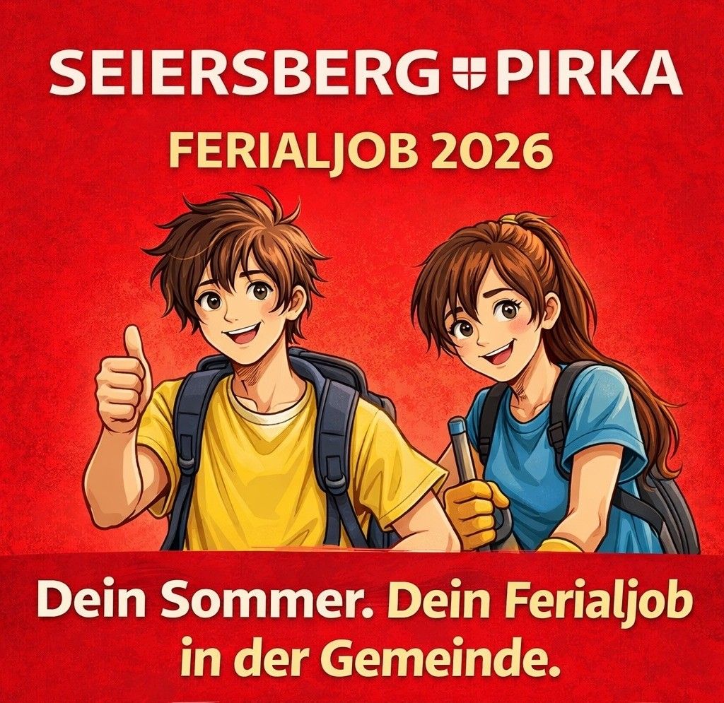 Werbeposter für einen Sommerjob in der Gemeinde. Es zeigt zwei lächelnde Kinder, von denen eines einen Daumen hochhält, mit Rucksäcken. Der Text lautet 'Dein Sommer. Dein Ferialjob in der Gemeinde.'