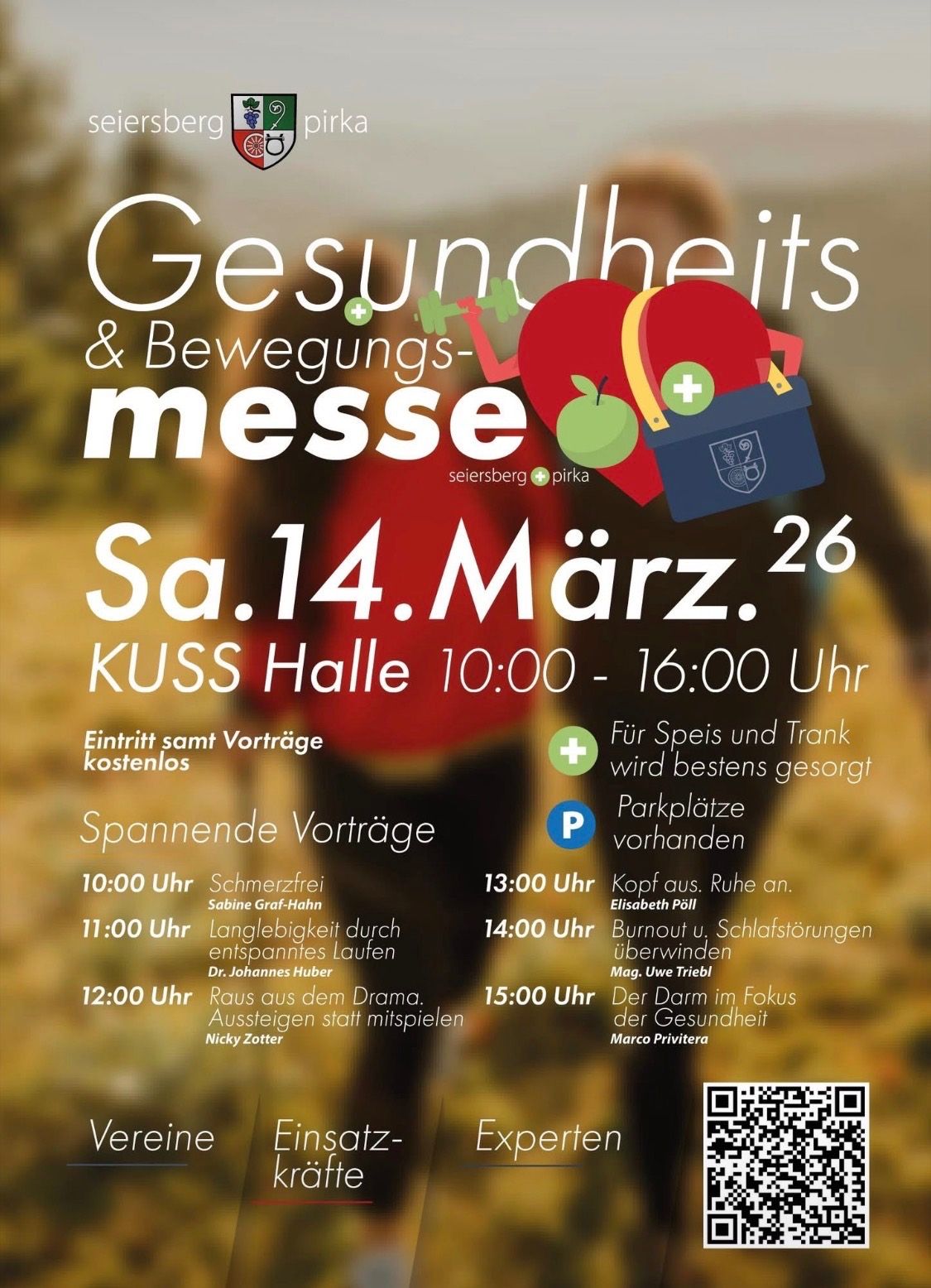 Plakat für die Gesundheits & Bewegungsmesse-Veranstaltung. Datum: Samstag, 14. März 2026. Zeit: 10:00 - 16:00 Uhr. Eintritt und Vorträge kostenlos. KUSS Halle. Spannende Vorträge.