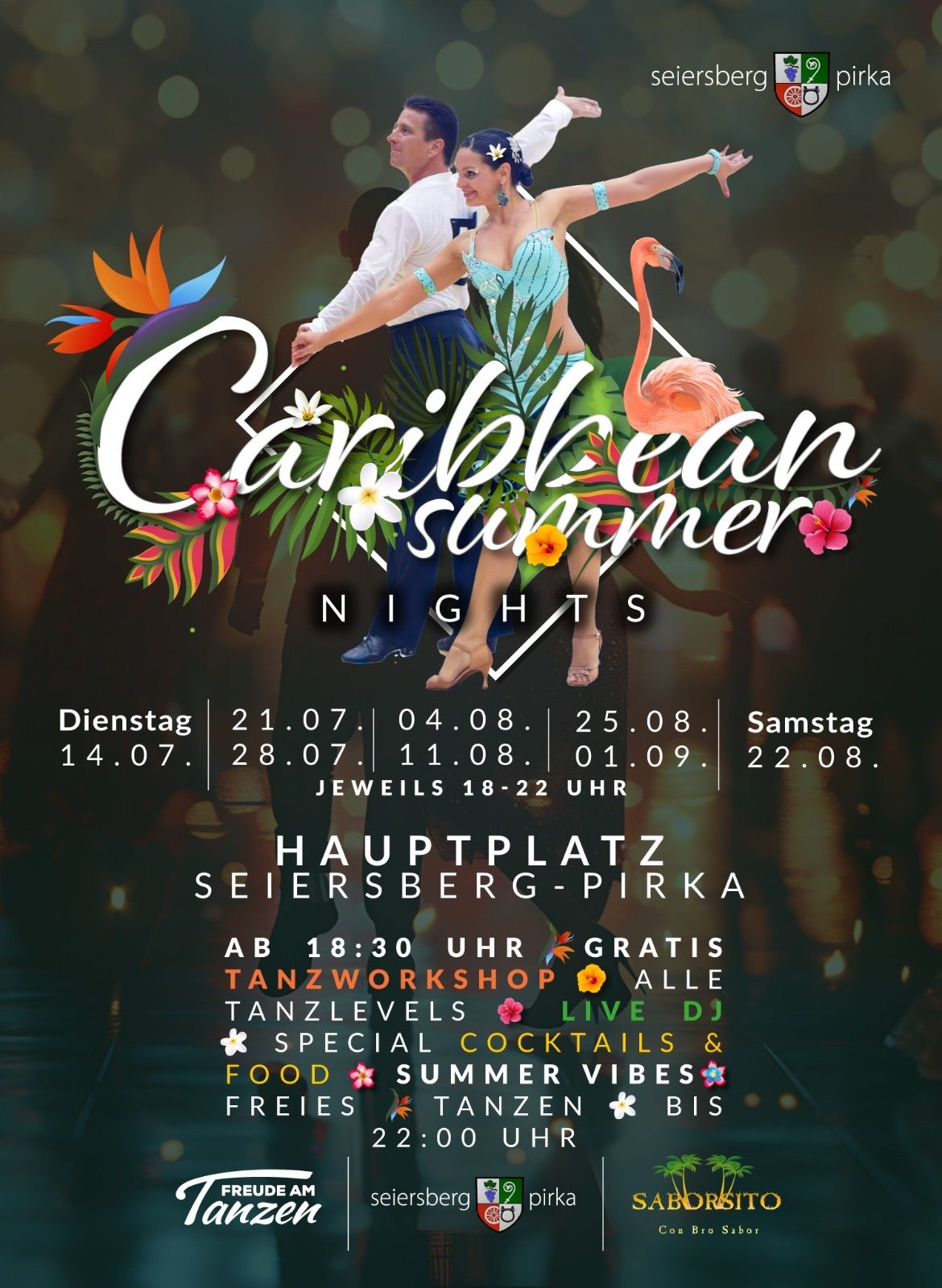 Plakat für Caribbean Summer Nights mit tanzendem Paar, tropischen Elementen und aufgeführten Daten.