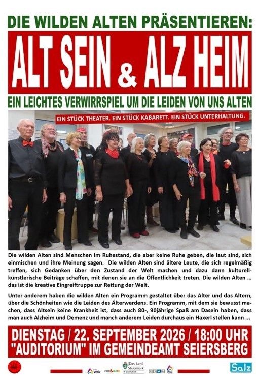 A poster for a theatrical performance titled 'Alt Sein & Alz Heim' featuring a group of older adults dressed in black with some wearing red scarves. The poster includes a date and venue for the event.