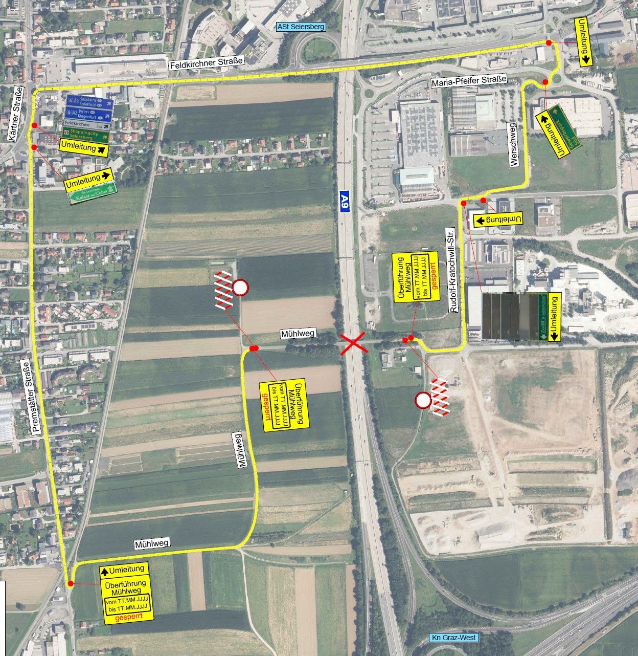 A map showing a construction site with various marked areas and directions, including a red X indicating a closed area. Yellow lines outline paths, and green signs with white text provide directions.
