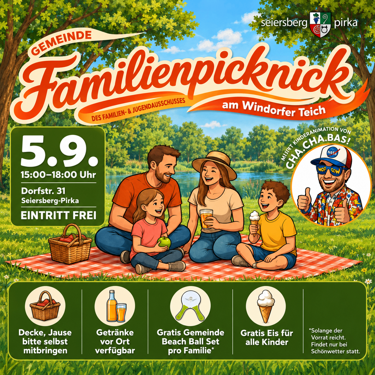 Poster for a family picnic event in Seiersberg-Pirka, featuring a family sitting on a picnic blanket with various free items offered.