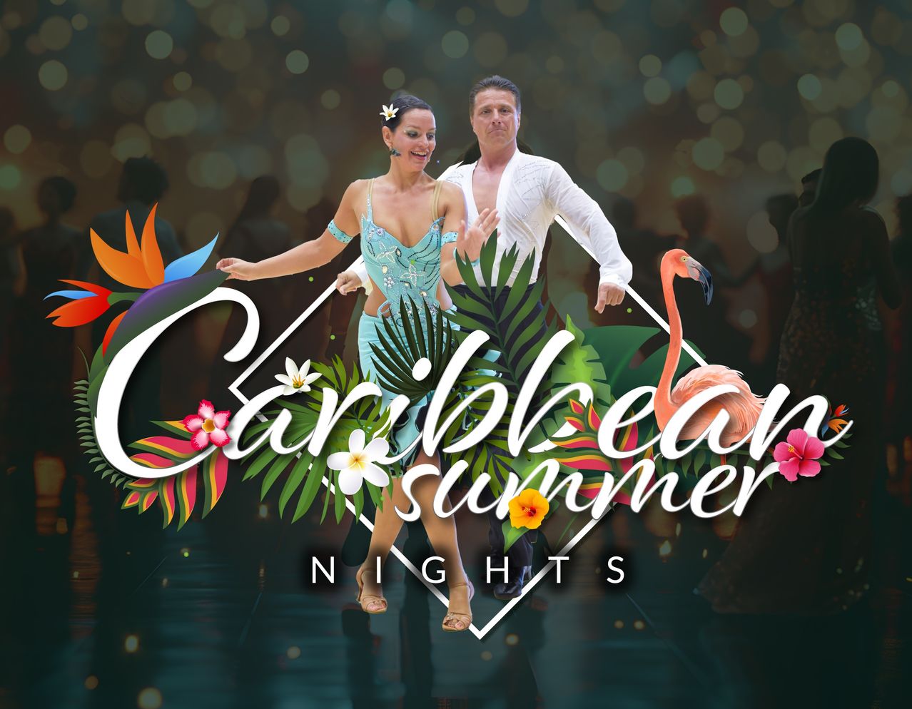Ein Paar tanzt auf einer Bühne, umgeben von tropischen Pflanzen und einem Flamingo, mit den Worten 'Caribbean Summer Nights' darüber.
