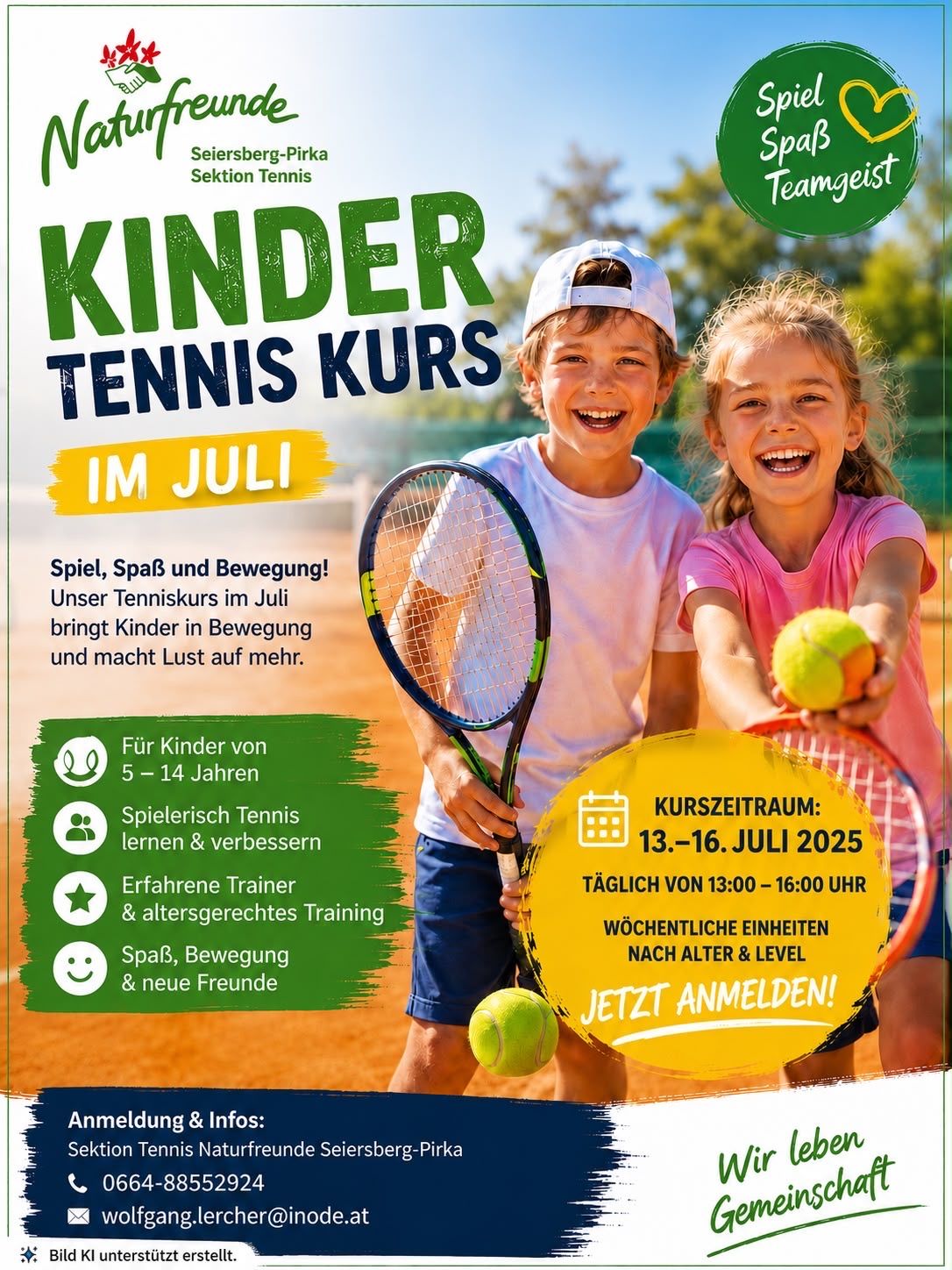 Ein Plakat für einen Kinder-Tenniskurs im Juli. Es zeigt zwei lächelnde Kinder, die Tennisschläger und Bälle halten. Der Kurs ist für Kinder im Alter von 5-14 Jahren und findet vom 13. bis 16. Juli 2025 statt.