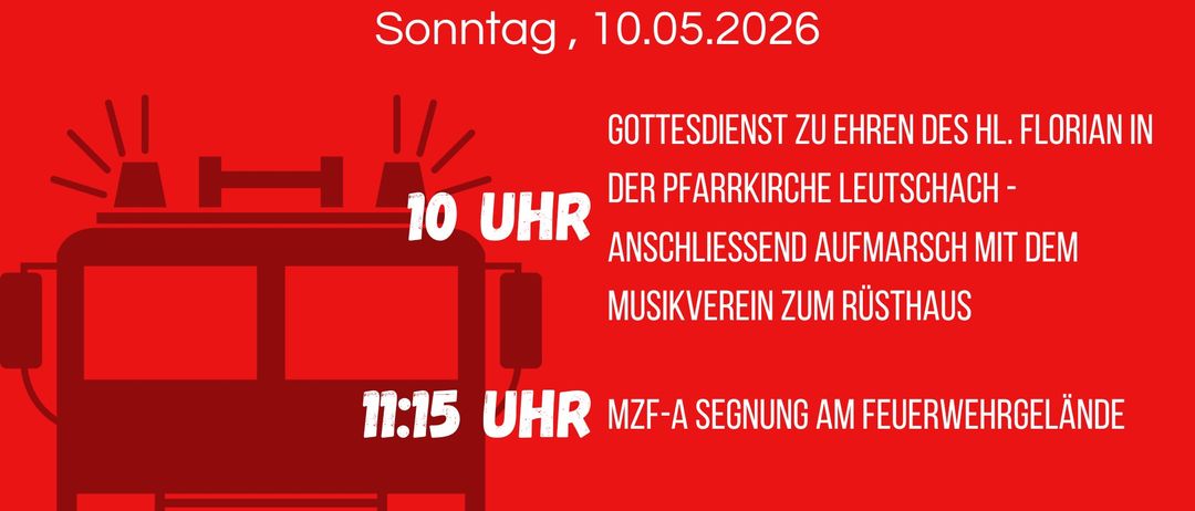 Plakat für den Floriani-Sonntag. Gottesdienst um 10 Uhr, Parade um 11:15 Uhr. Essen und Getränke verfügbar.