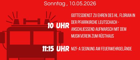 Plakat für den Floriani-Sonntag. Gottesdienst um 10 Uhr, Parade um 11:15 Uhr. Essen und Getränke verfügbar.