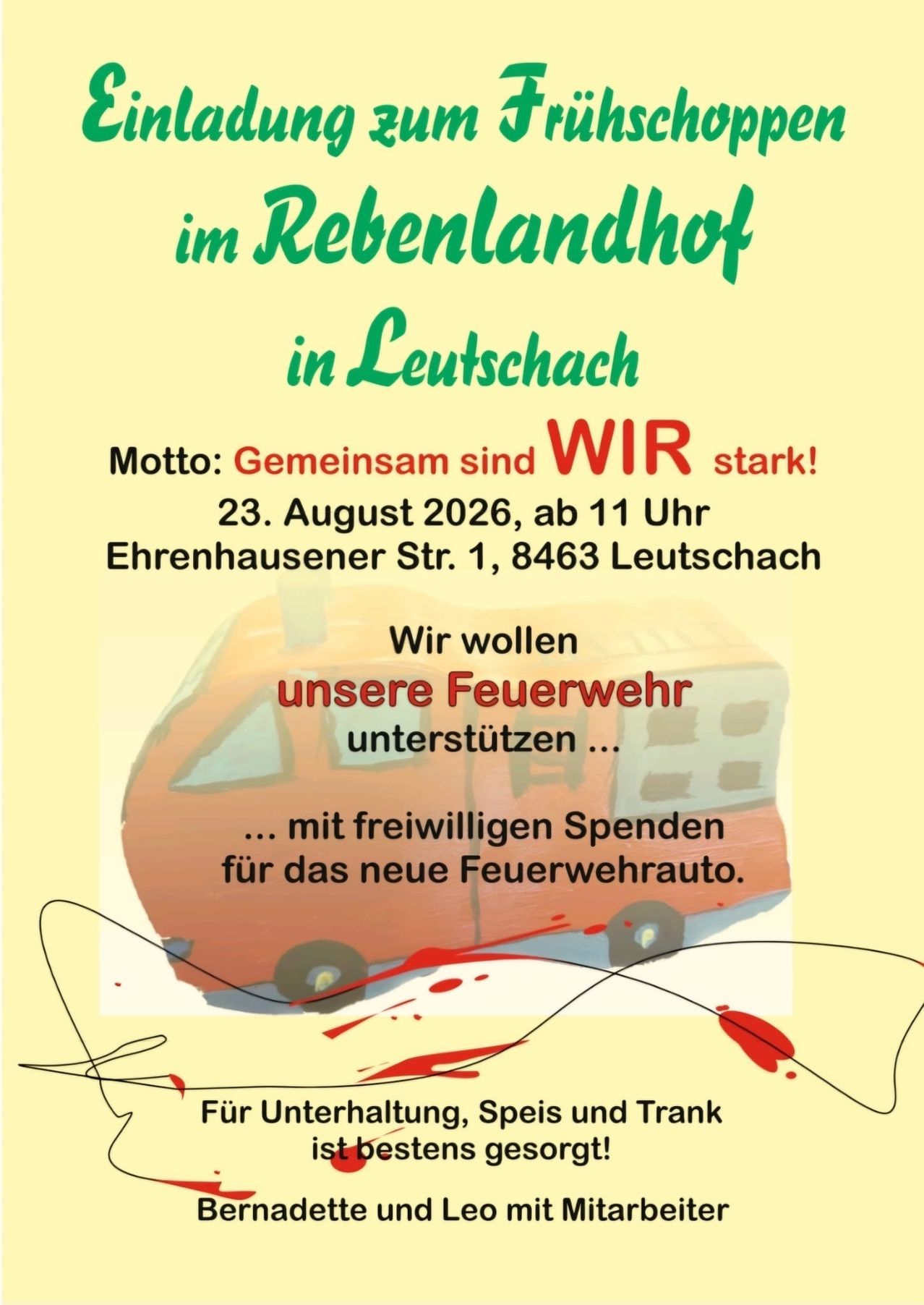 Poster for a fundraising event for the local fire department in Leutschach, Austria, on August 23, 2026. The poster features a fire truck with a slogan 'Together we are strong!' and details about the event.