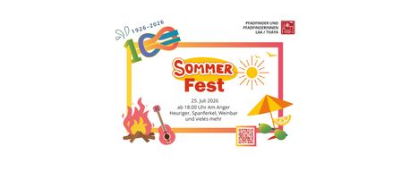 Plakat zum 100. Jubiläum von Pfadfinder und Pfadfinderinnen LAA/THAYA mit dem Datum der Veranstaltung vom 25. Juli 2026. Es zeigt ein Lagerfeuer, eine Gitarre, eine Sonne, einen Schirm und einen QR-Code.