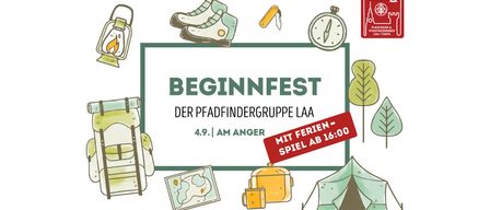 Eine Illustration einer Camping-Veranstaltung mit verschiedenen Gegenständen wie Laterne, Schuhe, Kompass und Zelt. Die Veranstaltung heißt 'Beginnfest' von Pfadfindergruppe LAA, geplant für den 9. April in Anger.
