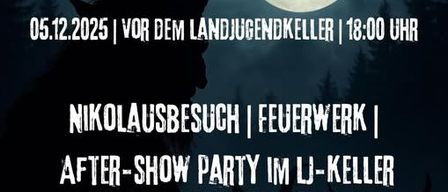 Plakat für Krampuslauf-Veranstaltung am 05.12.2025 um 18:00 Uhr, mit Nikolaussuche, Feuerwerk und After-Show-Party. Anmeldung für Sackerl bis 02.12.2025 bei Leonie Werderich.