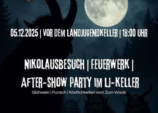 Plakat für Krampuslauf-Veranstaltung am 05.12.2025 um 18:00 Uhr, mit Nikolaussuche, Feuerwerk und After-Show-Party. Anmeldung für Sackerl bis 02.12.2025 bei Leonie Werderich.