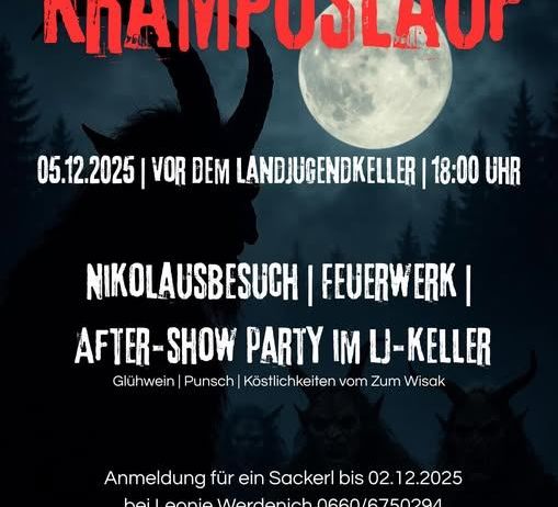 Plakat für Krampuslauf-Veranstaltung am 05.12.2025 um 18:00 Uhr, mit Nikolaussuche, Feuerwerk und After-Show-Party. Anmeldung für Sackerl bis 02.12.2025 bei Leonie Werderich.