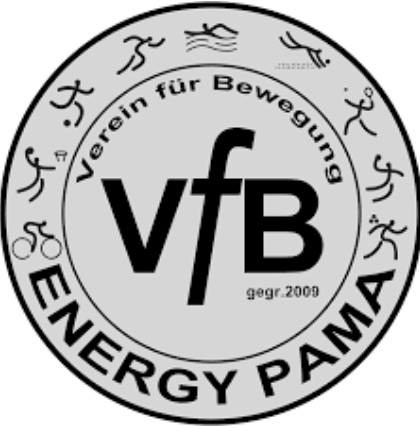 Das Logo für Energy PAMA zeigt die Buchstaben vfb in Schwarz, umgeben von einer stilisierten Darstellung von Lauffiguren und Wasserelementen. Der Text Verein für Bewegung ist teilweise sichtbar, und das Jahr 2009 ist darunter vermerkt.