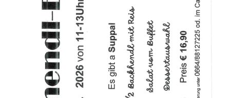 Ein Menüeintrag mit einem Preisschild von 16,90 Euro. Das Gericht ist eine halbe Backhendel-Mahlzeit mit Reis und einer Beilage. Das Menü ist für ein Restaurant namens Backhendi-Essen.
