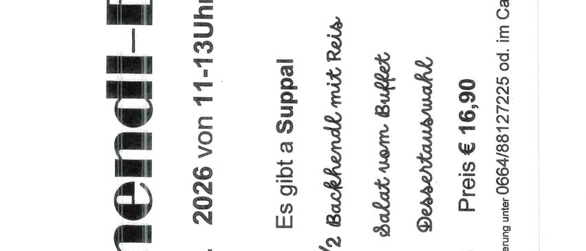 Ein Menüeintrag mit einem Preisschild von 16,90 Euro. Das Gericht ist eine halbe Backhendel-Mahlzeit mit Reis und einer Beilage. Das Menü ist für ein Restaurant namens Backhendi-Essen.