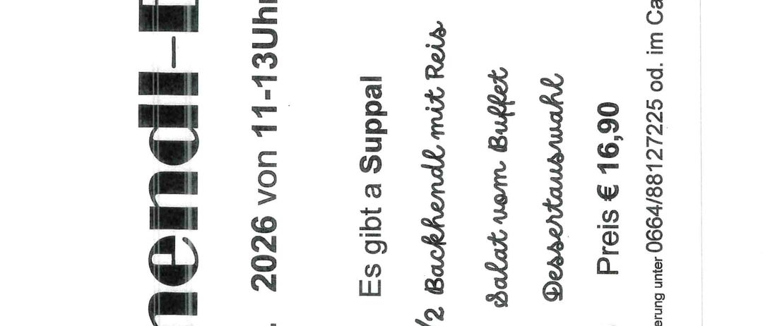 Ein Menüeintrag mit einem Preisschild von 16,90 Euro. Das Gericht ist eine halbe Backhendel-Mahlzeit mit Reis und einer Beilage. Das Menü ist für ein Restaurant namens Backhendi-Essen.