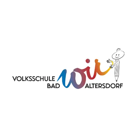 Logo für Volksschule Bad Altersdorf, mit einer Karikatur, die einen Stift hält. Der Name ist in Regenbogenfarben stilisiert.