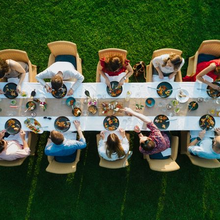 Bild enthält, Dining Table, Table, Grass, People, Person, Lawn, Adult, Male, Man, Tabletop