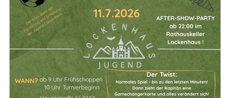 Gamechanger Cup Ankündigung für ein Fußballturnier am 11.7.2026. Beginn um 10 Uhr. Anmeldegebühr 10 Euro. Veranstaltungsort in Lockenhaus. After-Show-Party um 22 Uhr.